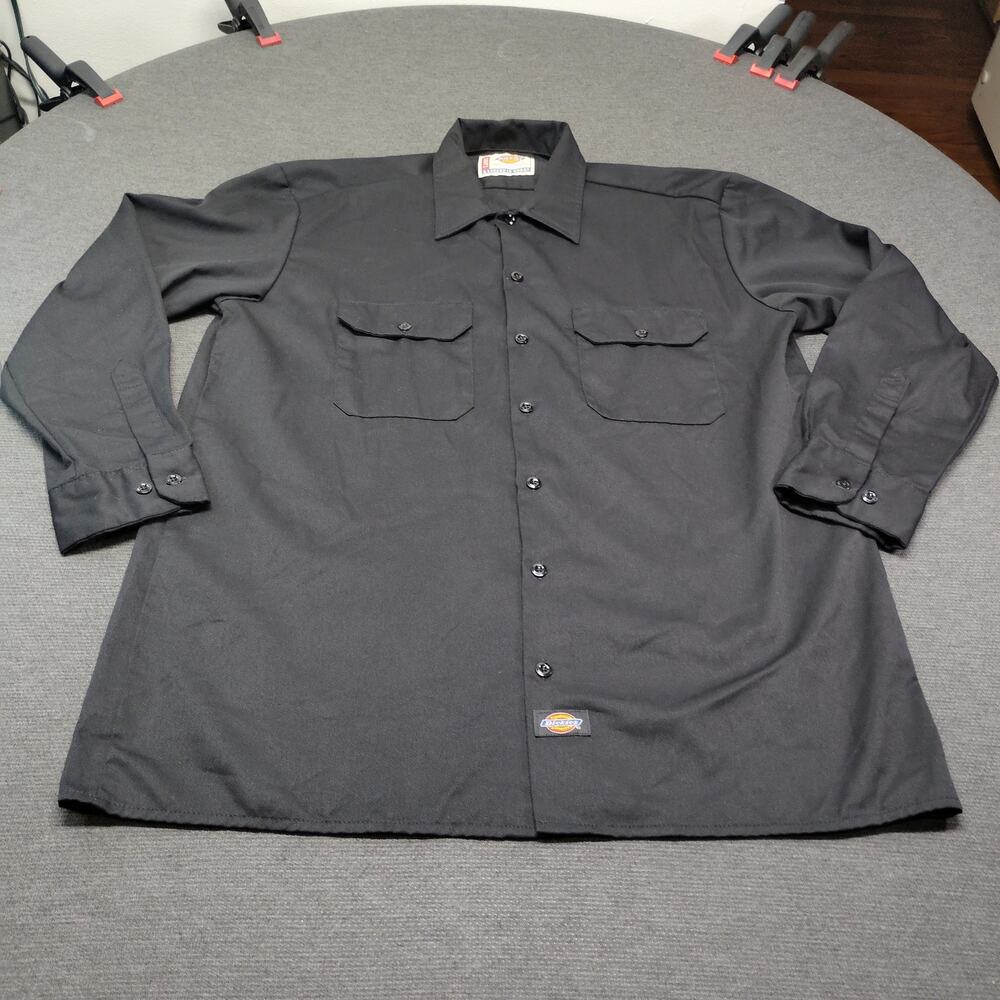 Dickies Mens Large Short Sleeve Work Shirt Black Button Down Dual Pocket L 1574